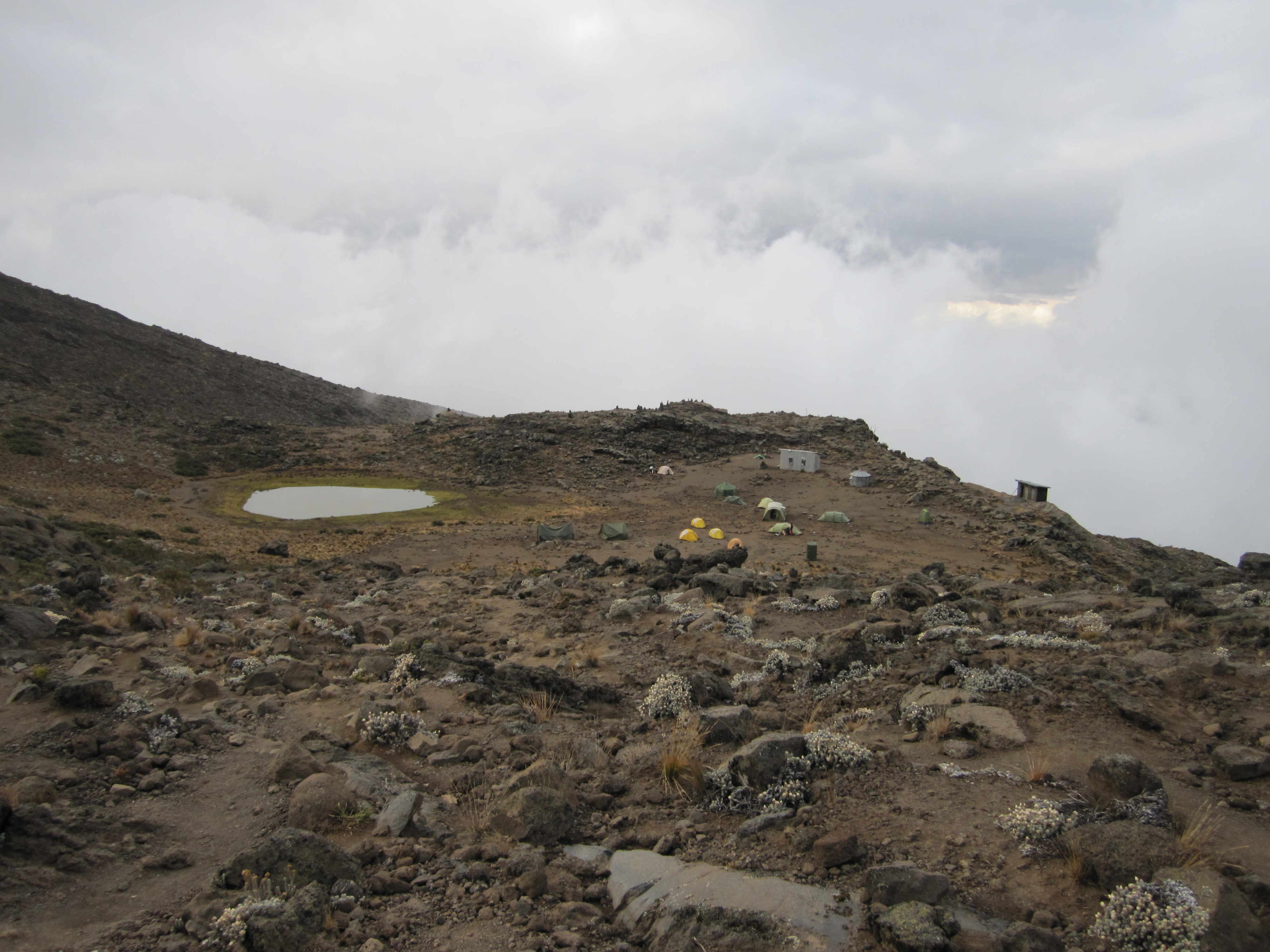 Looking down on Tarn Hut during the acclimation hike